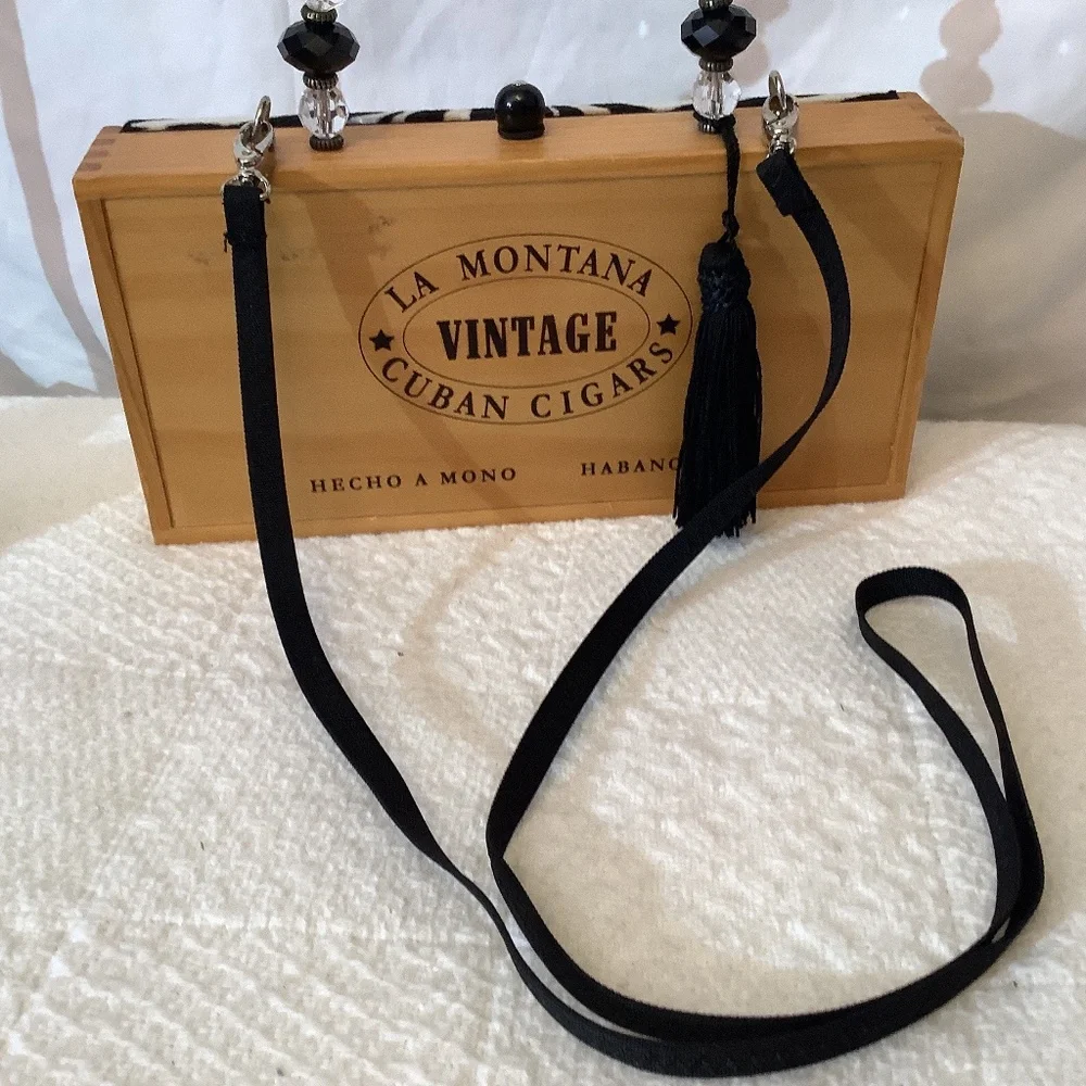 Vintage La Montana Cuban Cigar wood beads fabric hand‎ shoulder crossbody